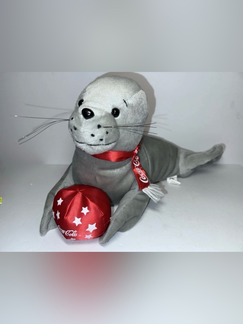 Coca Cola Baby Seal Plush W/ Star Ball & Scarf Soft Stuffed Toy 1992 14" Vintage